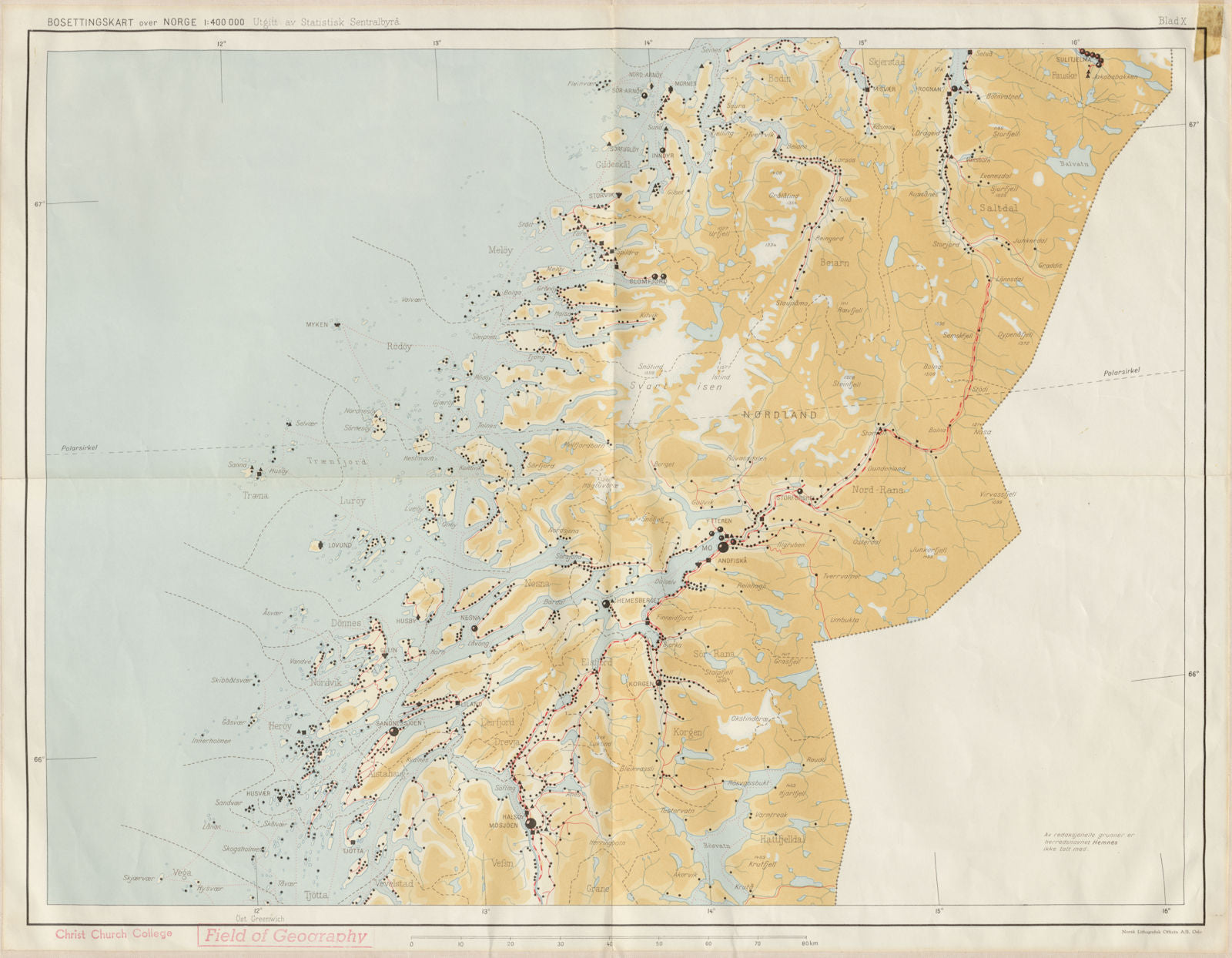 Norway Norge settlements. Mo Mosjöen Mosjoen. Nordland 48x62cm 1950 old map